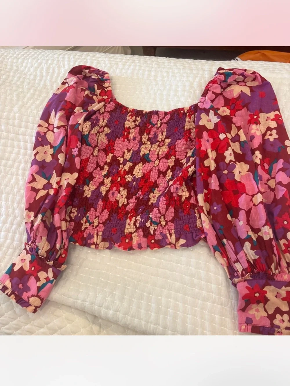 Free People Pink & Red Floral Smocked Square-Neck Puff Sleeve Top